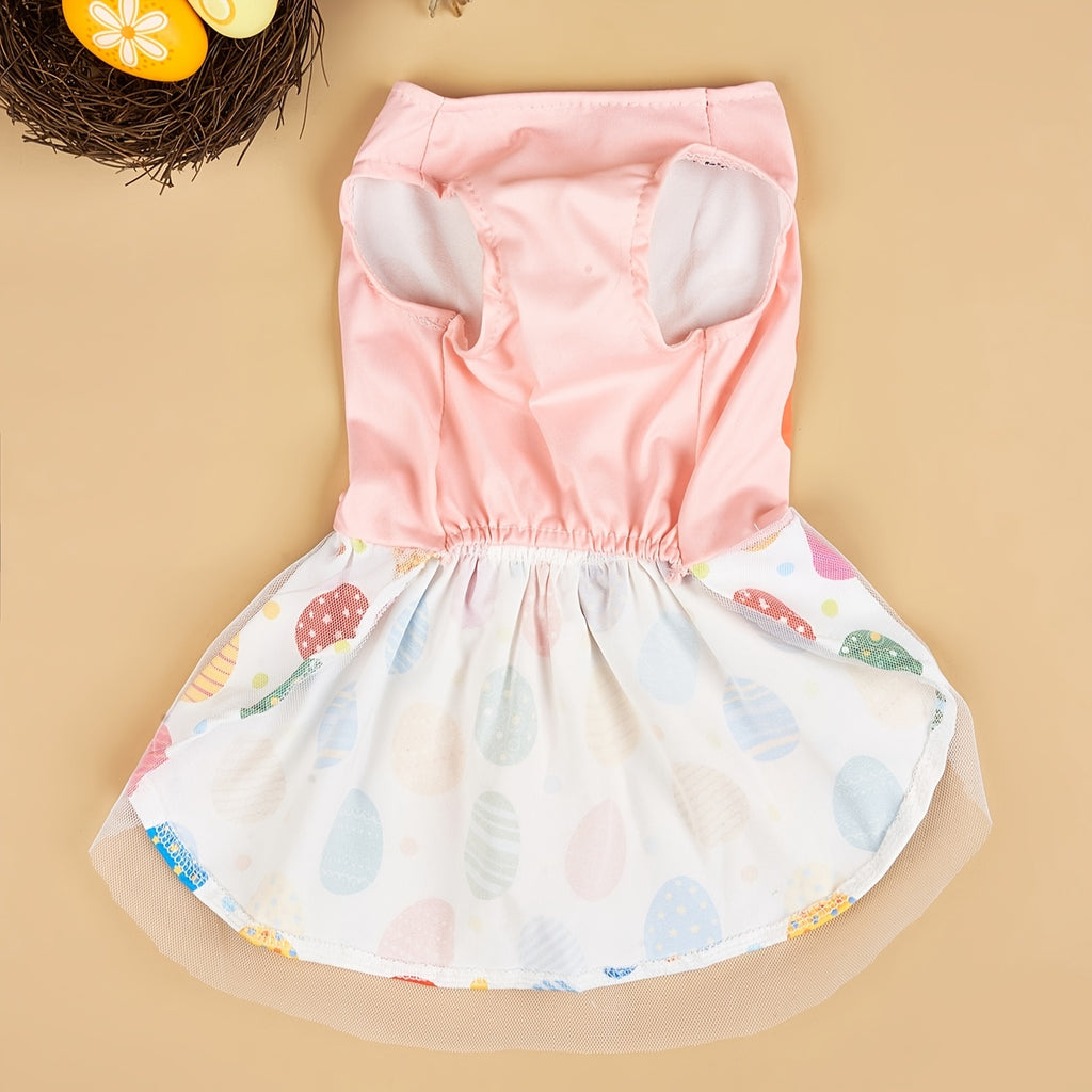 Easter Egg Dog Dress with Bowknot - Tulle Pet Apparel for Small to Medium Dogs, Knitted Polyester Puppy Costume for Spring/Summer