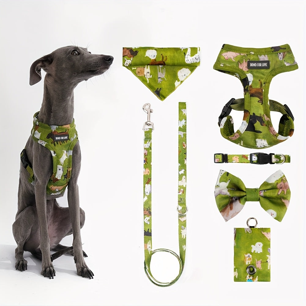 6pcs Forest Animal Print Dog Walking Set, Adjustable Pet Harness, 4ft Leash, Collar, Bowtie, Bandana, and Waste Bag Dispenser for Small to Large Dogs, Polyester Fiber, Without Battery