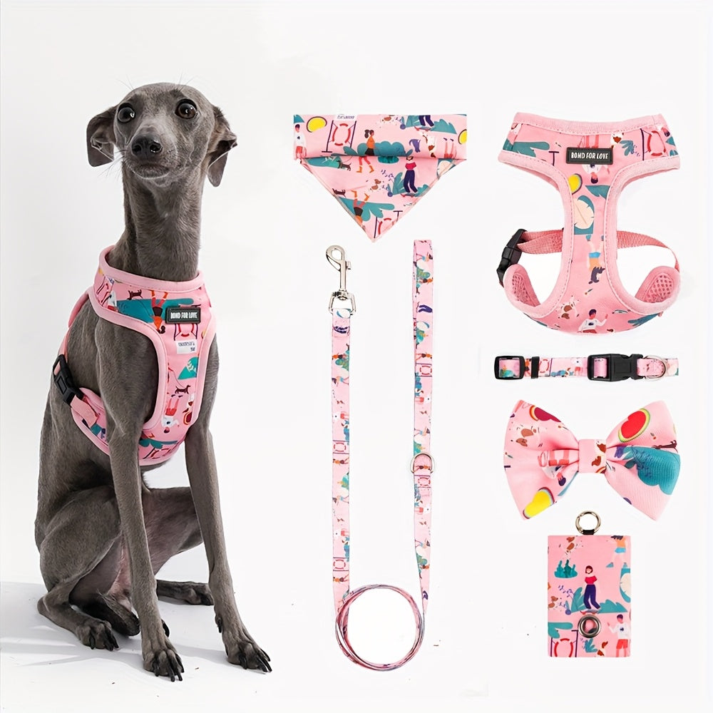 [Dog Walking] 6pcs Pink Love World Dog Walking Gear Set | Adjustable Pet Harness, Leash, Collar, Bow, Flag, Waste Bag Holder | Polyester Fiber | 4 Ft Leash, Uncharged | for Small to Large Dogs | Without Battery